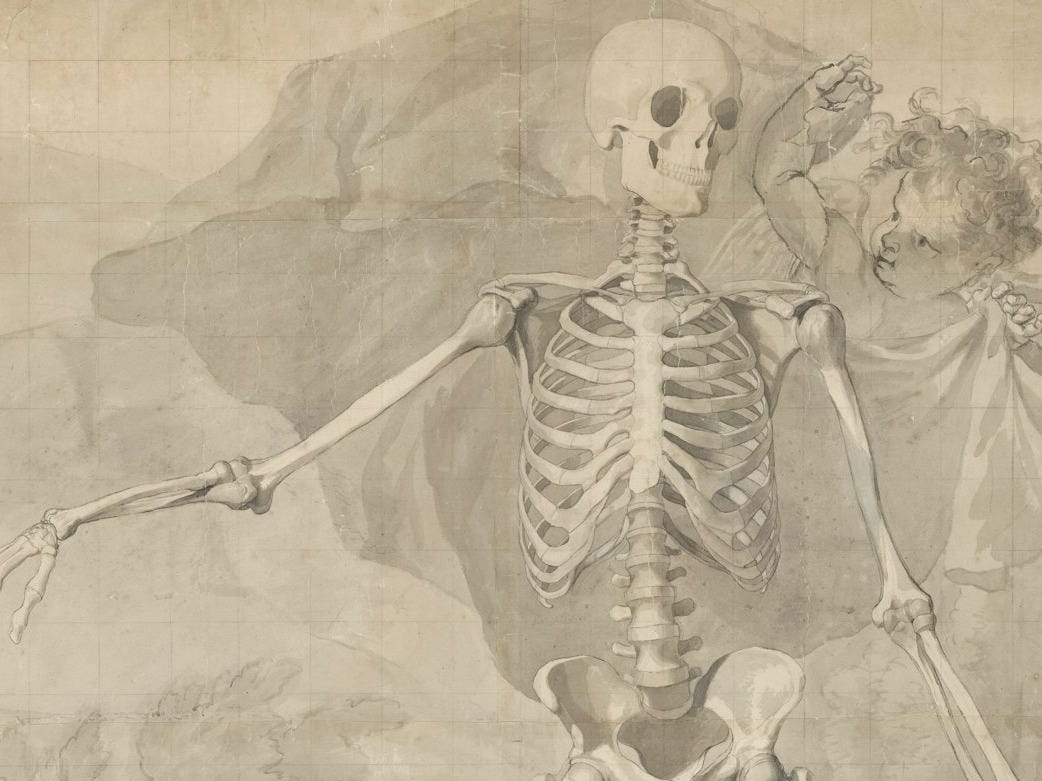 a drawing of a skeleton standing in a field
