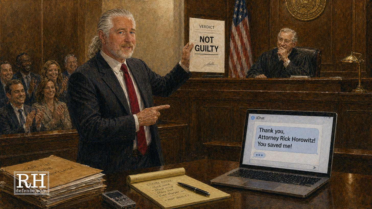 A watercolor-style courtroom scene showing defense attorney Rick Horowitz holding up a “Not Guilty” verdict while a laptop on counsel table displays a thank-you message from ChatGPT.