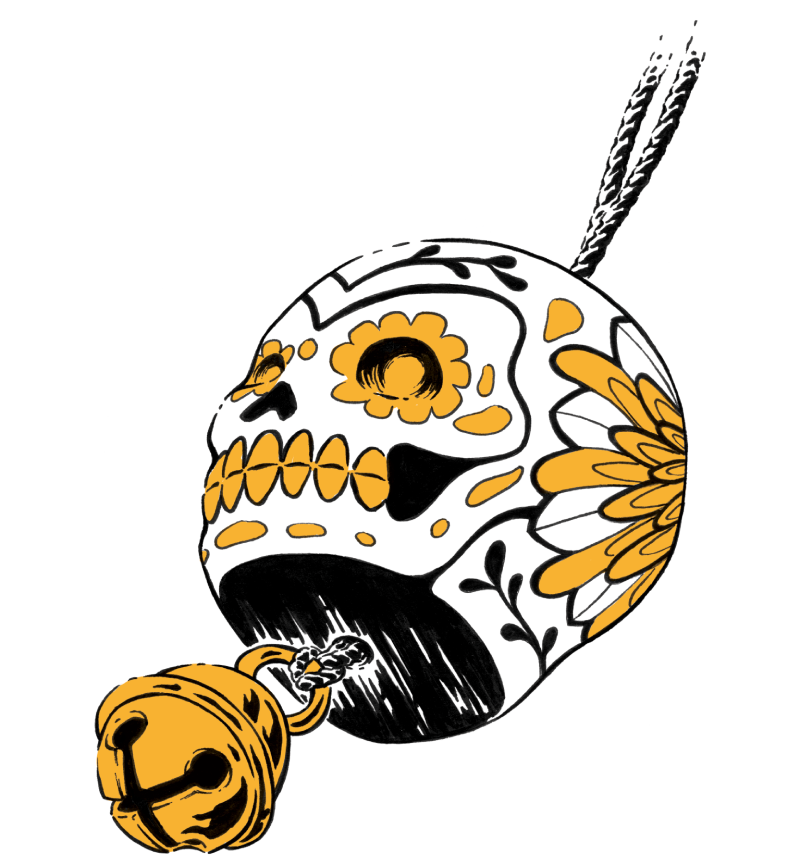 An illustrated decorative skull resembling a calavera (Day of the Dead sugar skull), adorned with gold and black floral patterns.