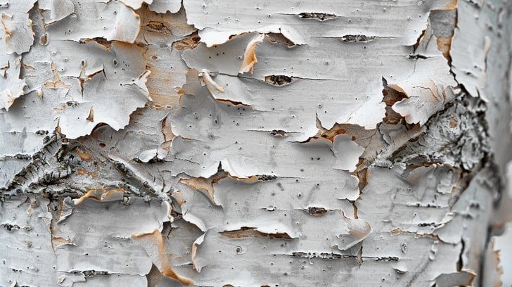 The photograph highlights a close-up view of a birch tree's trunk, focusing on the intricate details of its peeling bark. The variety of textures and colors, ranging from white and grey to subtle hints of brown, illustrate the natural process of the bark shedding. This detailed observation opens a window into the resilience and ongoing growth of the tree, showcasing the beauty found in the natural decay and renewal process of birch trees. The photograph highlights a close-up view of a birch tree's trunk, focusing on the intricate details of its peeling bark. The variety of textures and colors, ranging from white and grey to subtle hints of brown, illustrate the natural process of the bark shedding. This detailed observation opens a window into the resilience and ongoing growth of the tree, showcasing the beauty found in the natural decay and renewal process of birch trees.