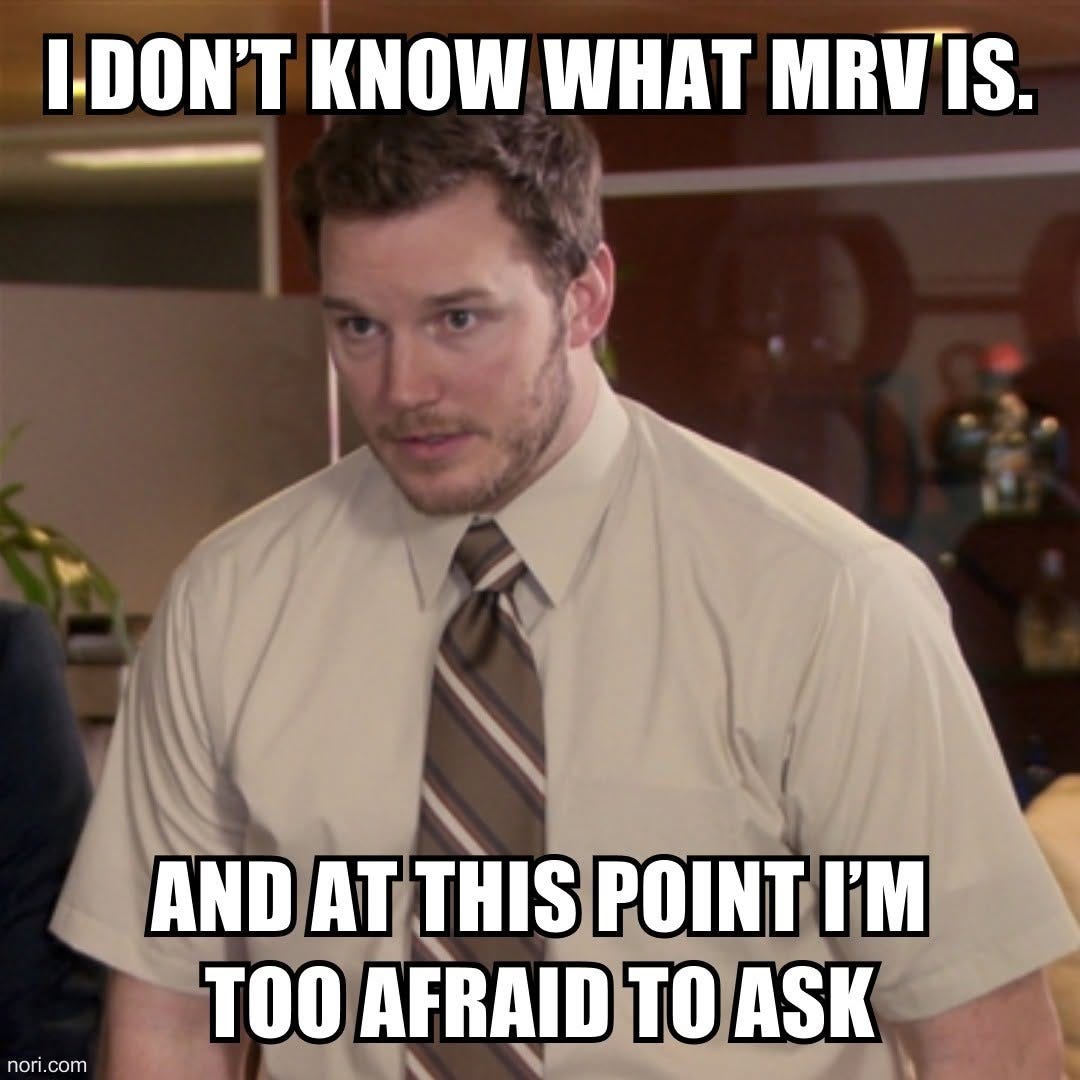 Chris Pratt as Andy Dwyer in a shirt and tie, looking uneasy. Top: "I don't know what MRV is." Bottom: "And at this point I'm too afraid to ask."