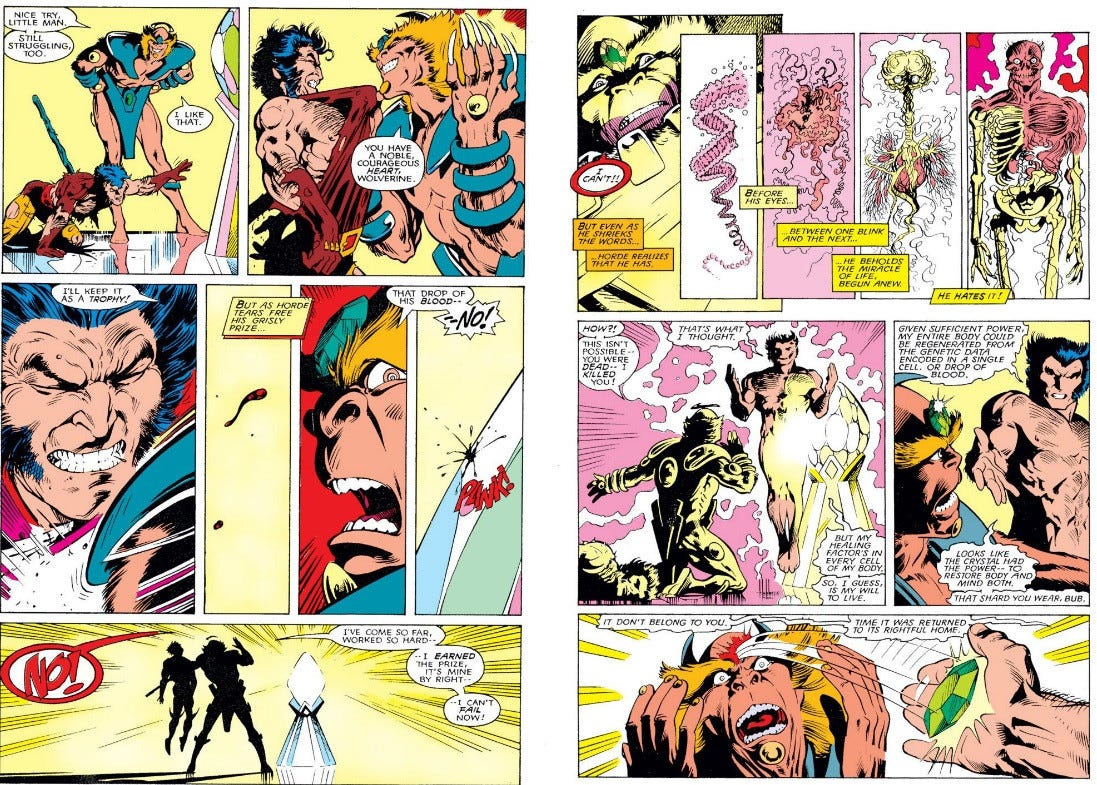 Two-page comic sequence showing Wolverine regenerating from a single drop of blood after the Crystal of Ultimate Vision amplifies his healing factor. Two-page comic sequence showing Wolverine regenerating from a single drop of blood after the Crystal of Ultimate Vision amplifies his healing factor.