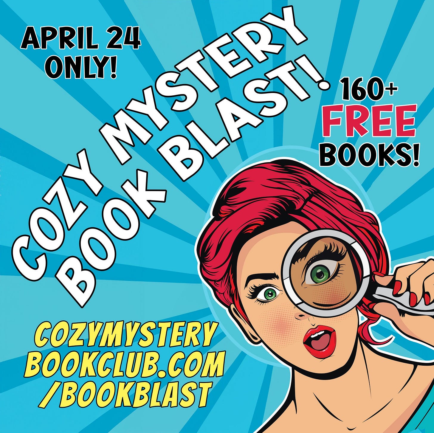 May be a graphic of text that says 'APRIL ONLY! MyEH MYSTERY 24 BLASTI BLAST! 160+ FREE COZY CO BOOK BOOKS! COZYMYSTERY BOOKCLUB.COM COM /BOOKBLAST'
