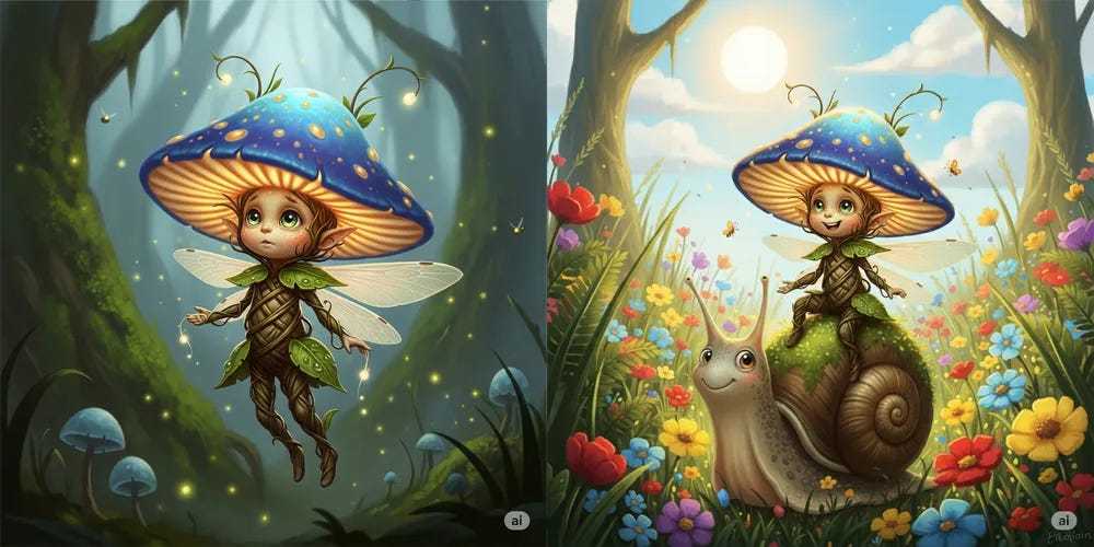 A side-by-side fantasy illustration shows a small pixie-like creature with a mushroom cap hat. On the left, it floats in a dark, misty forest. On the right, it rides a smiling snail through a sunlit field of wildflowers.