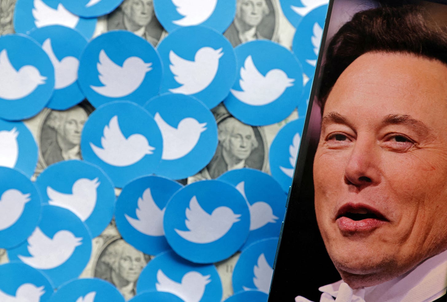 Illustration shows Elon Musk photo, Twitter logos and U.S. dollar banknotes Illustration shows Elon Musk photo, Twitter logos and U.S. dollar banknotes