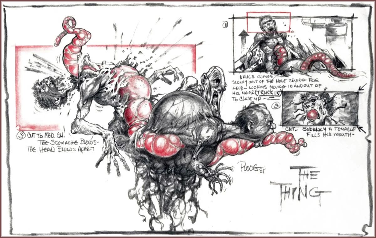 Pencil and red ink storyboard by Mike Ploog, signed and dated 1981, for The Thing (1982): the unused death sequence of Nauls, showing partial assimilation with worms moving through his head, stomach explosion, and skull disintegration. Handwritten annotations describe the action: "Nauls comes slowly out of the hole crying for help — worms moving in and out of his head." The sequence was designed but never filmed in its final form.