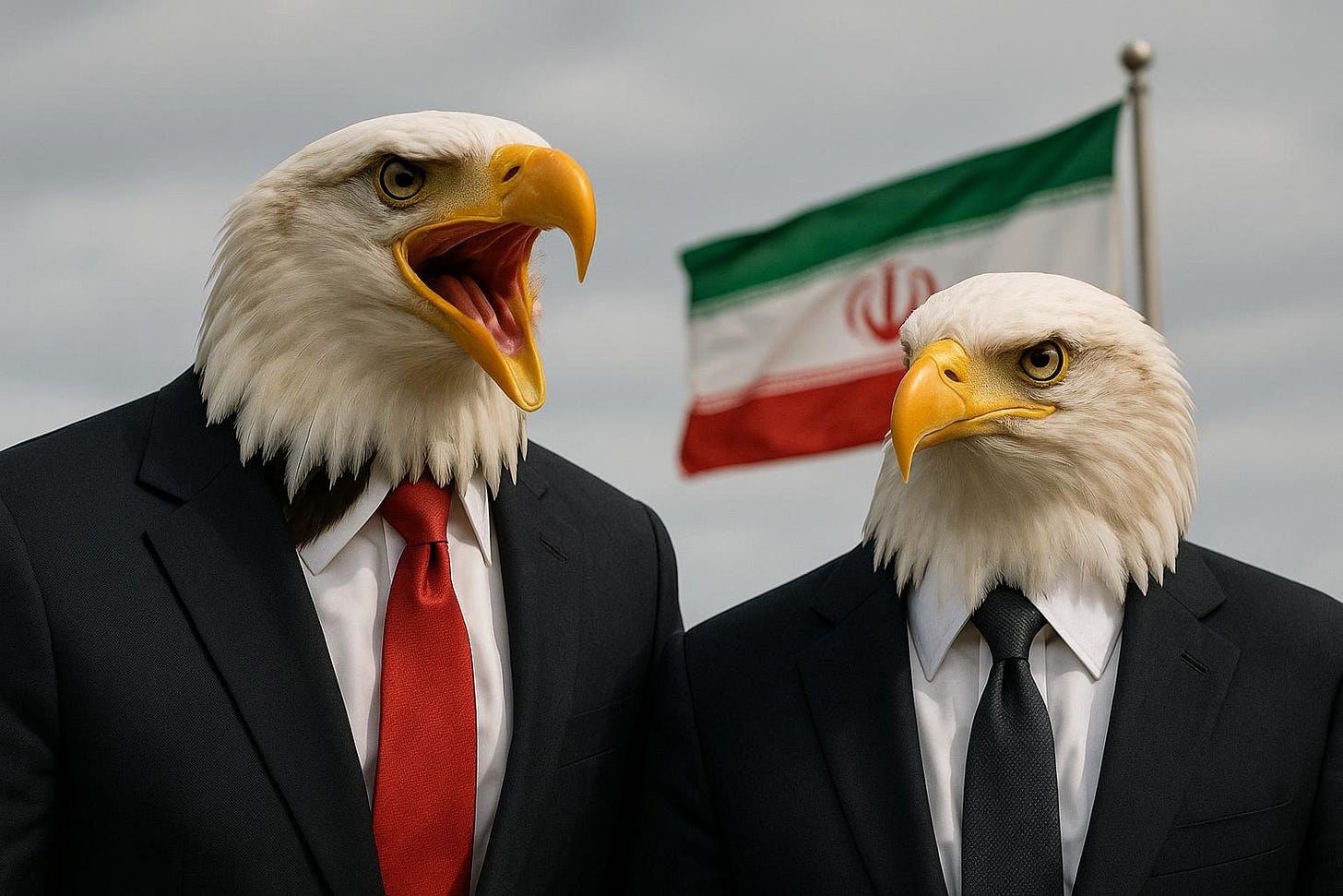 American Hawks in Suits Before Iranian Flag American Hawks in Suits Before Iranian Flag