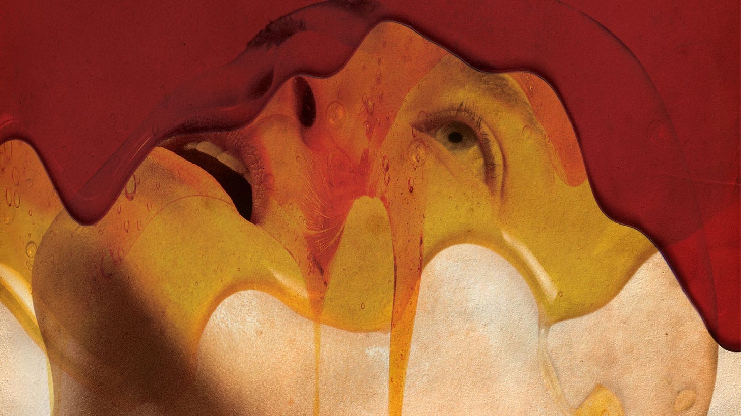 Imagem abstrata de um rosto humano parcialmente coberto por fluidos coloridos, com manchas em tons de vermelho e amarelo.