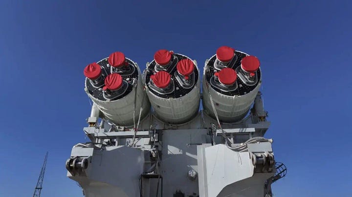 The Kinetica-2 Y1 vehicle being taken to Launch Area 140 (left) and its nine YF-102 engine seen before being moved into a launch position (right).