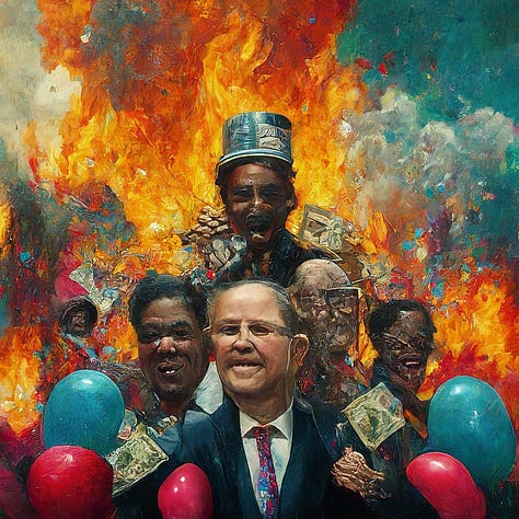 3 AI generated images representing disaster capitalism. Not just the disaster part, but of greedy, callous business people cashing in on the suffering of others. Make it seem like a twisted, brightly colored party. Like candy advertising.