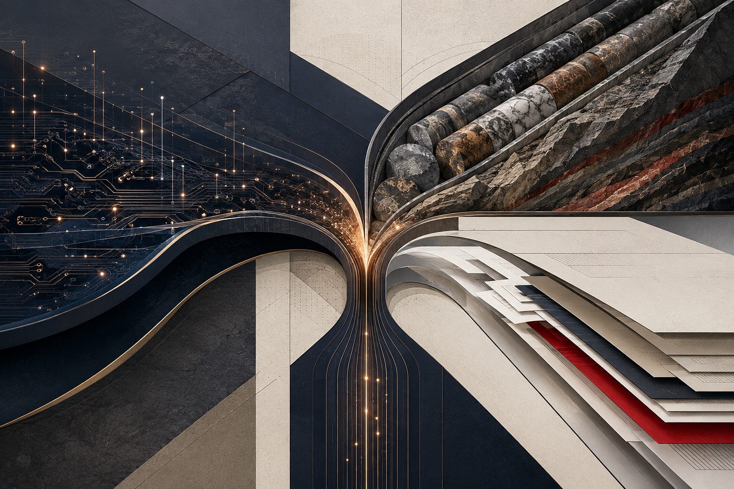 Editorial illustration of quantum circuitry, mining core samples and layered deal documents converging to represent Canadian financing and M&A activity in May 2026.