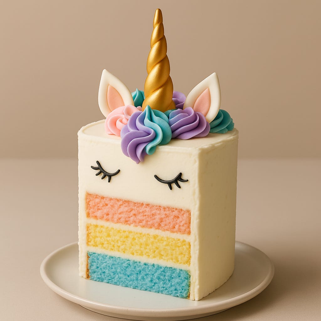 A cake in the shape of a unicorn.