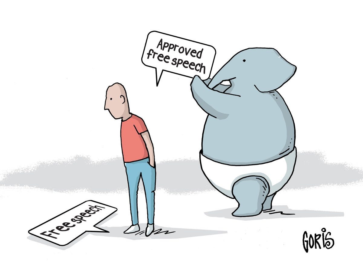 A man in a red shirt and blue pants stands with a speech bubble saying "Censored free speech." An elephant in a diaper stands behind him with a speech bubble saying "Approved free speech." The signature "Goris" is visible at the bottom right.