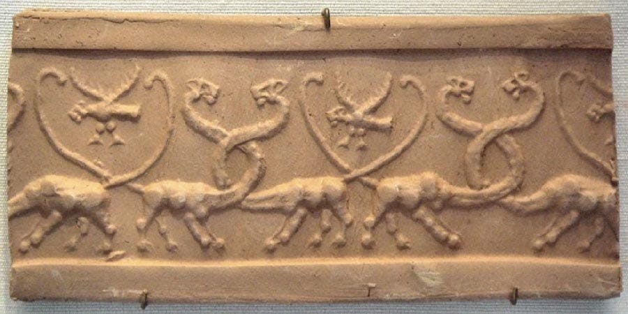 Clay impression of a cylinder seal with monstrous lions and lion-headed eagles, Mesopotamia, Uruk Period (4100 BC–3000 BC). Louvre Museum. (PHGCOM/CC BY-SA 4.0) Clay impression of a cylinder seal with monstrous lions and lion-headed eagles, Mesopotamia, Uruk Period (4100 BC–3000 BC). Louvre Museum. (PHGCOM/CC BY-SA 4.0)