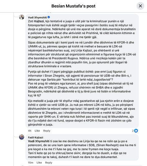 Komentet e dokumentuara të Fadil Kajtazit në postimin e Besian Mustafës.