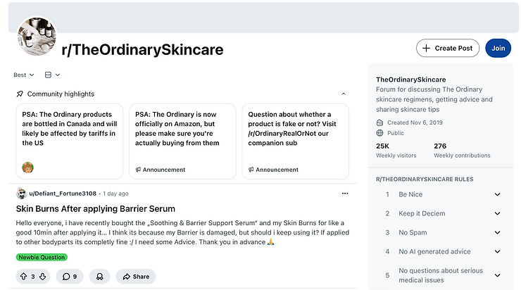 The Ordinary skin care Reddit forum