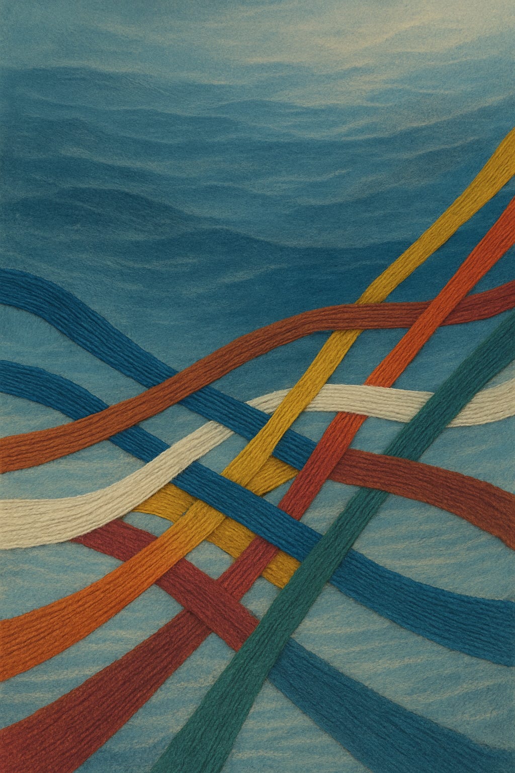 Vibrant threads weave together over a softly textured ocean, symbolising connection, diversity, and resilience in a dynamic, shifting world.