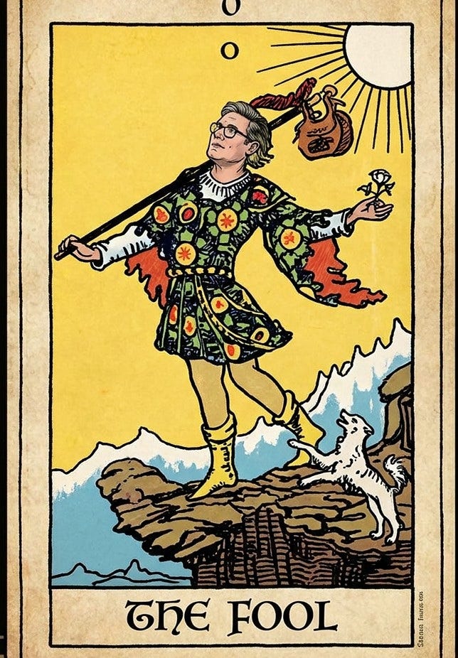 Keir Starmer as The Fool — Tarot card zero — standing at the edge of a cliff, one step from falling, as the UK economy collapses and the house of cards built from a Tarot deck nobody in Westminster ever learned to read begins to fall around him.https://bit.ly/4fbTwLB 