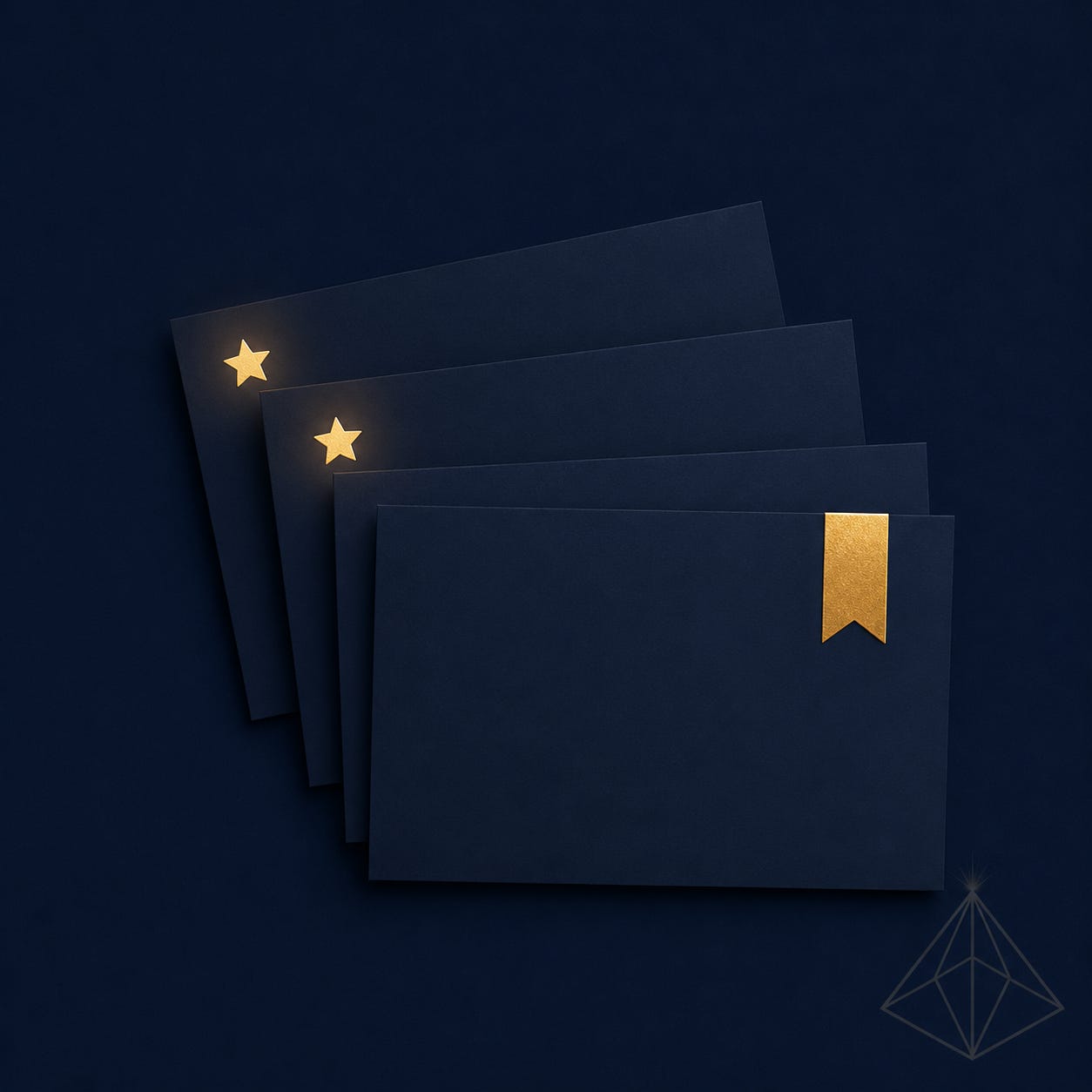 The Visible Practitioner recommendation post 2026. A small stack of plain newsletter cards with a few marked by gold stars, representing a hand-picked set of recommended AI builder newsletters.