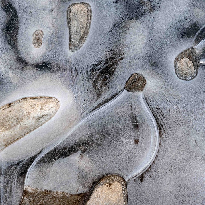 Diptych: Water frozen between rocks, an uneven oval on the left, in the shape of a bird on the right.