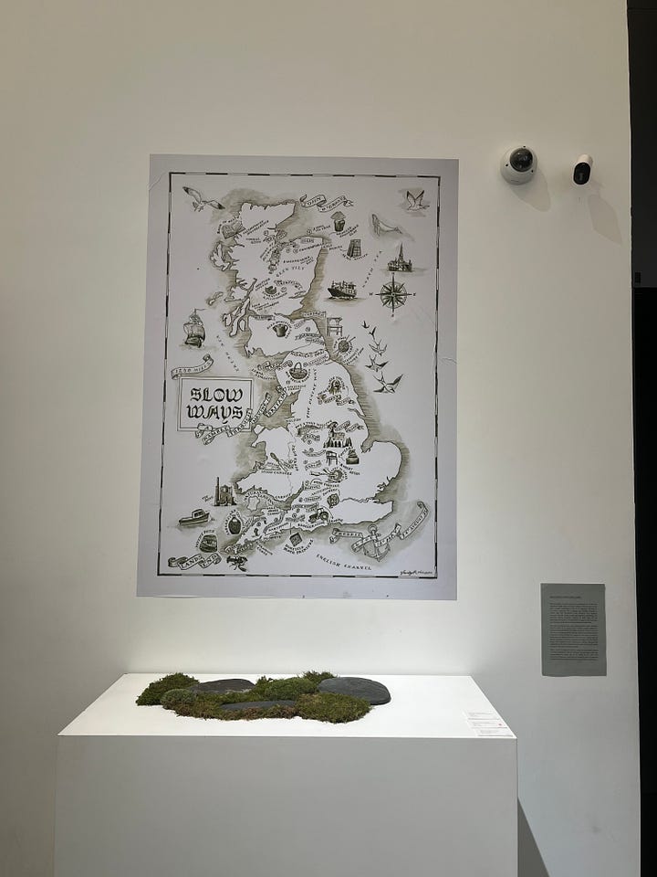 1. Slow Ways exhibition room; 2. Slow Ways project map mounted on a wall.