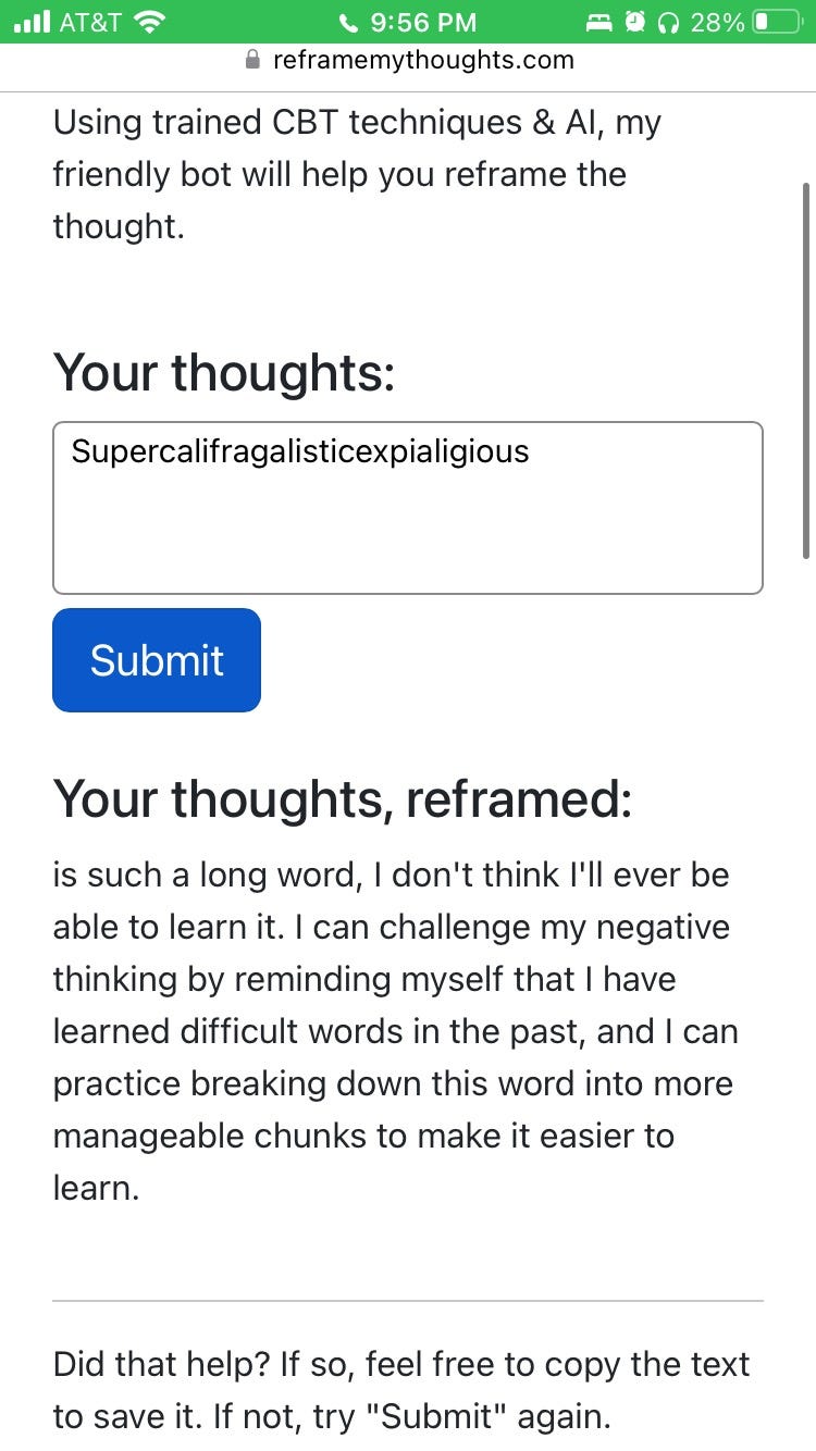 Screenshot of Reframe bot 