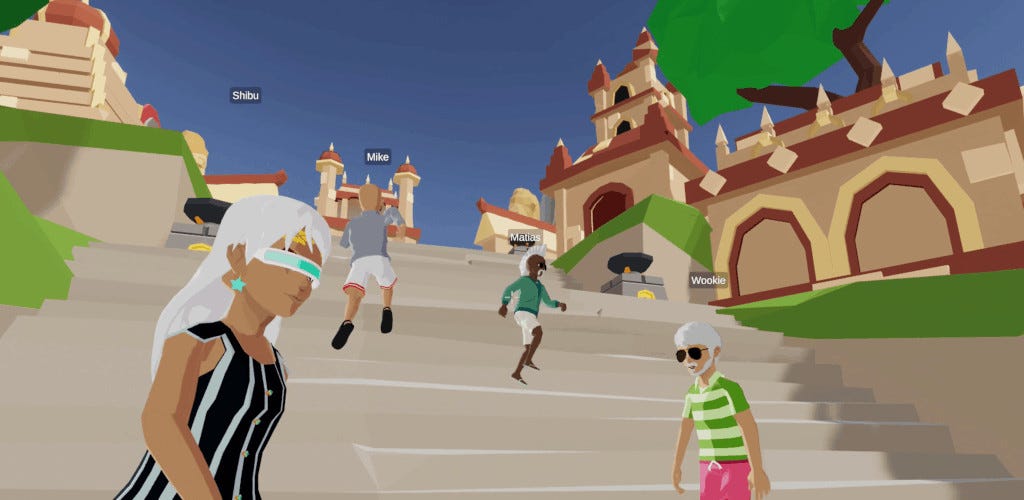 People playing an online simulation with avatars.