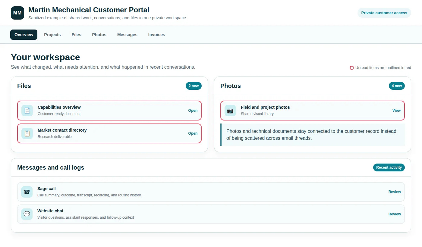 Sanitized customer portal showing files, photos, messages, and call records Sanitized customer portal showing files, photos, messages, and call records