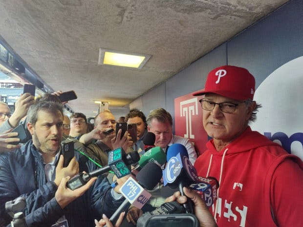 Phillies interim manager Don Mattingly meets with reporters in the dugout Tuesday, April 28, 2026, at Citizens Bank Park. (MediaNews Group)