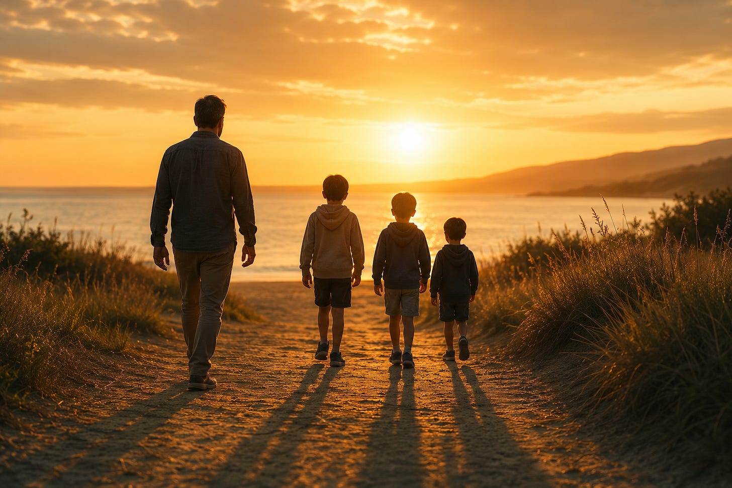 Father walking with three sons at sunset along a coastal path, casting long shadows toward the ocean. Concept image representing Stoic gratitude, family relationships, mortality awareness, presence, resilience, and appreciating ordinary moments before they become memories.