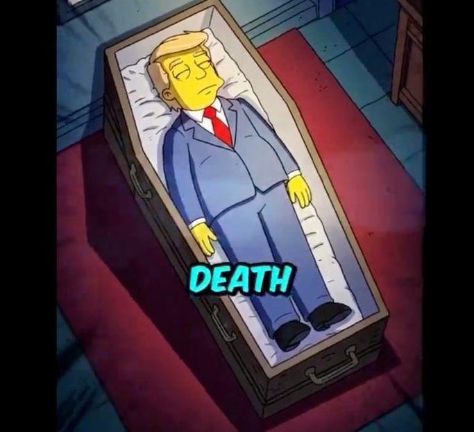 A still of Donald Trump in a coffin on The Simpsons. A still of Donald Trump in a coffin on The Simpsons.