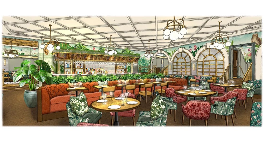 An artist's impression of The Ivy Nottingham Brasserie - a restaurant with greenery, benches, tables, and ceiling lights An artist's impression of The Ivy Nottingham Brasserie - a restaurant with greenery, benches, tables, and ceiling lights