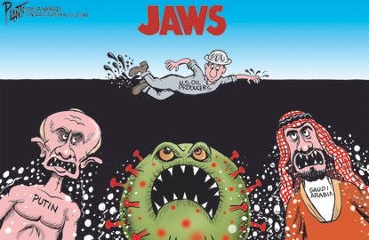 Editorial Cartoon U.S. oil producers jaws putin saudi arabia coronavirus Editorial Cartoon U.S. oil producers jaws putin saudi arabia coronavirus
