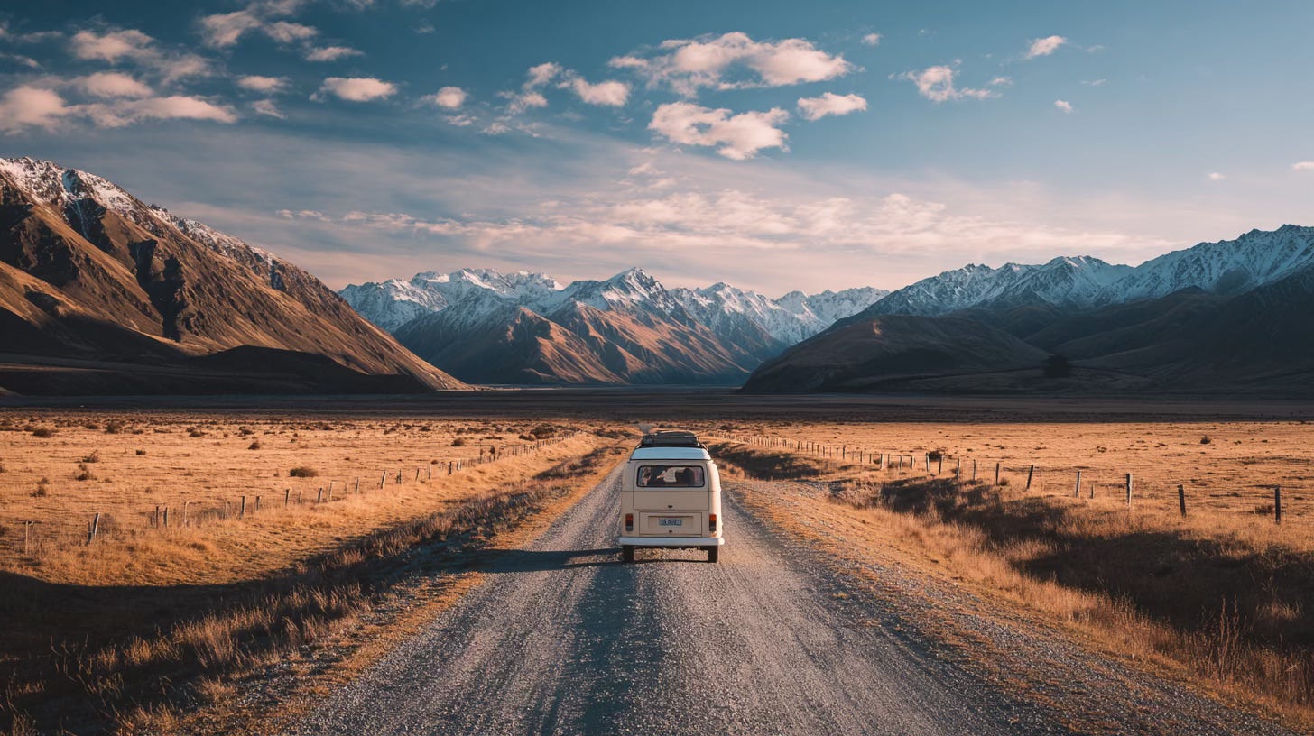 A camper van driving toward the mountains on a deserted backroad. A camper van driving toward the mountains on a deserted backroad.