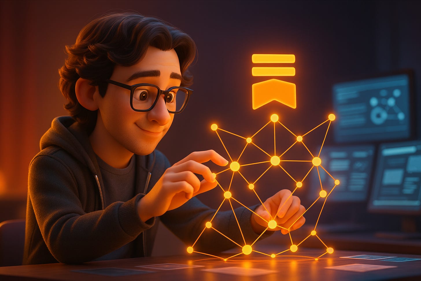 A 3D Pixar-style illustration of a young man sitting at a futuristic desk, thoughtfully connecting glowing orange data nodes that form the Substack logo. The warm lighting and holographic screens around him symbolize intelligent system-building and creativity. The image represents the guest featured in Build to Launch by Jenny Ouyang, highlighting his journey from messy scripts to building an MCP server for Substack authors.