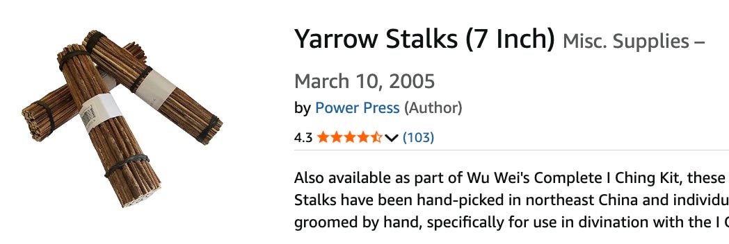 screenshot of Yarrow Stalks for sale on Amazon, filed under "misc supplies" screenshot of Yarrow Stalks for sale on Amazon, filed under "misc supplies"