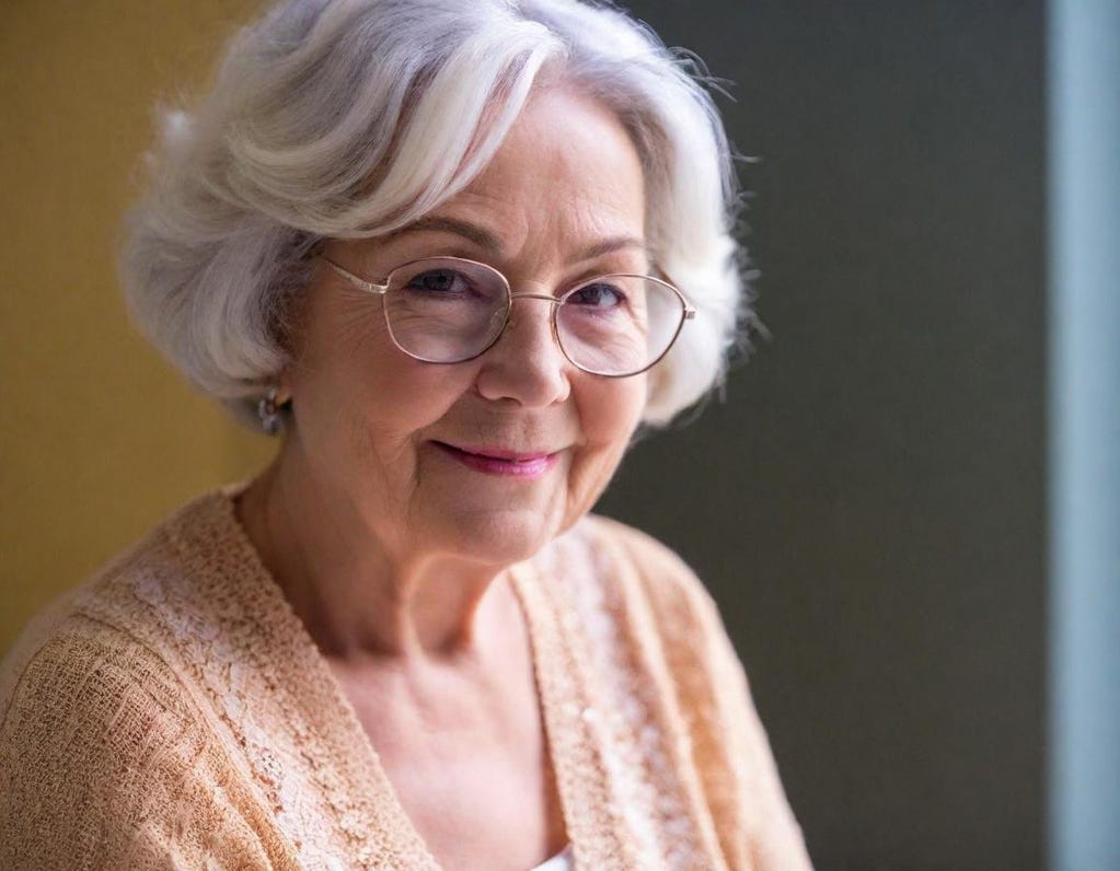 Very tight portrait of 83-year-old French woman with glasses and dark hair. She has a smirk instead of a smile and brilliant eyes. She wears a beige shawl. Very tight portrait of 83-year-old French woman with glasses and dark hair. She has a smirk instead of a smile and brilliant eyes. She wears a beige shawl.