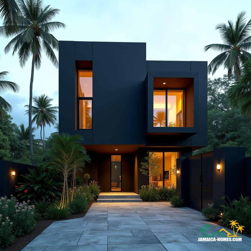 A striking modern black Caribbean cottage in Jamaica, nestled near the beach. The architecture features bold, square, solid lines, with cubic forms stacked in a contemporary Gothic-inspired style. Large, protruding window boxes are framed in matte black steel and concrete. Oversized square windows jut outward, offering views of the turquoise sea and lush tropical greenery. Warm golden interior lighting glows through the solid glass, contrasting with the deep black exterior. The landscape includes tropical palms, flowering plants, and a sleek stone driveway leading to a modern black gate. Cinematic film still, shot on v-raptor XL, film grain, vignette, color graded, post-processed, cinematic lighting, 35mm film, live-action, best quality, atmospheric, masterpiece, epic, stunning, dramatic.