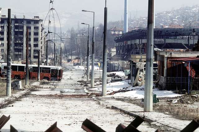 Overall view of downtown Grbavica, a neighbourhood in Sarajevo. Camera Operator: Lt. Stacey Wyzkowski. Date Shot: 19 Mar 1996.