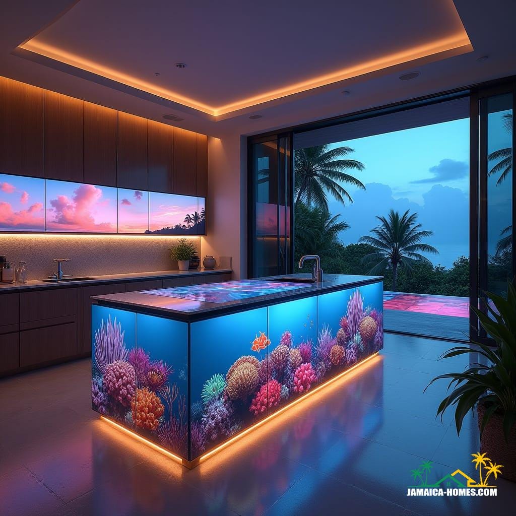 A luxurious modern kitchen in a high-end Jamaican villa, with a central island that doubles as a living display. The sleek countertop features a built-in sink with a futuristic touch faucet, while the entire surface and surrounding cabinetry are interactive, displaying high-resolution moving visuals of a tropical coral reef. The walls and floors have embedded LED panels, displaying animated scenes of the Caribbean sea, swaying palm trees, and sunsets. Soft ambient lighting enhances the immersive experience, making the entire kitchen feel like a living piece of art
