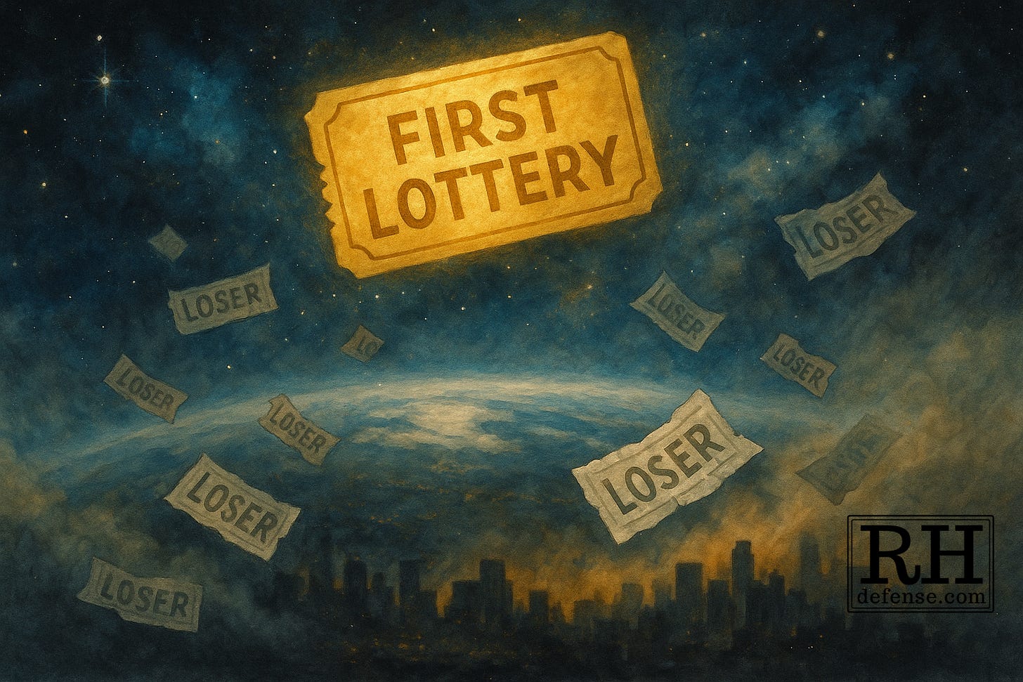 A surreal watercolor-and-oil style painting of a glowing golden lottery ticket floating in deep space, embossed with the words “FIRST LOTTERY.” Below it, torn gray tickets labeled “LOSER” drift downward toward a dark, hazy Earth. The light fades from brilliant gold among the stars to smoky shadow below, symbolizing inequality, delusion, and the illusion of shared fortune.