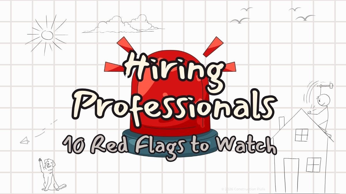 Red alarm siren with text "Hiring Professionals: 10 Red Flags to Watch" on blueprint grid background with illustrated houses and Inspector Milo mascot Red alarm siren with text "Hiring Professionals: 10 Red Flags to Watch" on blueprint grid background with illustrated houses and Inspector Milo mascot