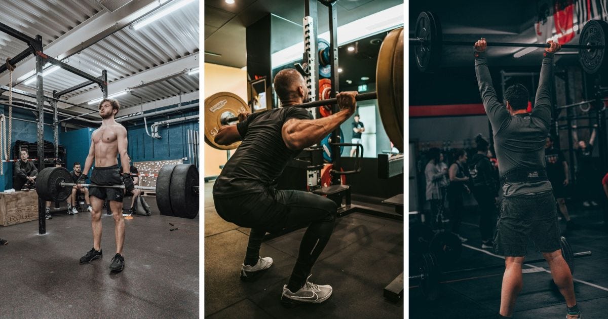 Man performing a deadlift using a barbell on the left, man perform squat using a barbell in the middle and man performing a overhead press on the right using a barbell Man performing a deadlift using a barbell on the left, man perform squat using a barbell in the middle and man performing a overhead press on the right using a barbell