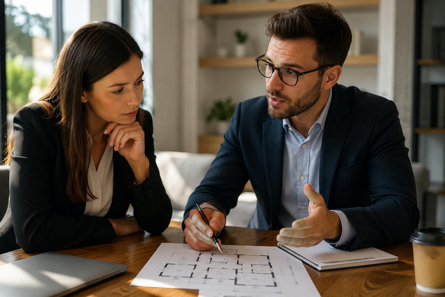A real estate professional and client sit at a wooden table in a bright office, reviewing a printed floor plan while the professional explains the property details and next steps.