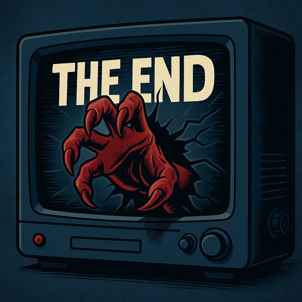 A cartoon-style illustration of a retro CRT television showing the words “THE END” over static. A clawed, monstrous hand bursts through the screen toward the viewer, shards of glass and static flying. The image evokes a late-1980s VHS horror poster—comic, eerie, and full of energy.