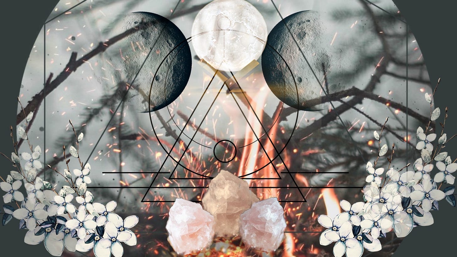 photo collage of a triple moon, geometric shapes and white flowers over a log fire with sparks. Three rose quartz are superimosed over all
