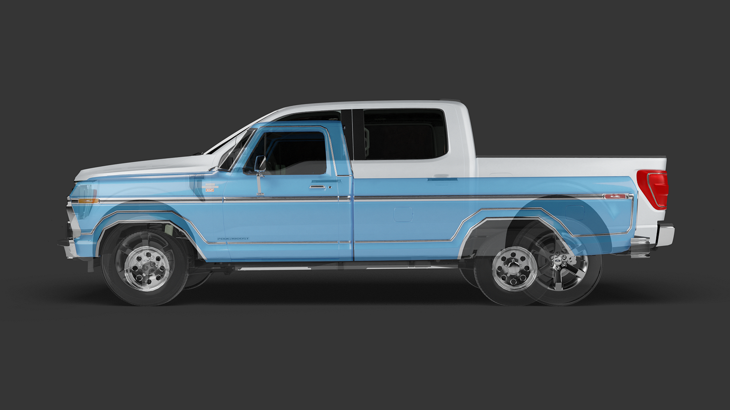 A 1970s-era Ford F-150 as compared to a modern version. A 1970s-era Ford F-150 as compared to a modern version.