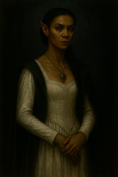 A dark fantasy portrait of Ludmilla Vilisevic as a fully original character, with no resemblance to any real person. She stands in a gothic, candlelit hall, her presence regal and enigmatic. Her features are elegant and sculpted: high cheekbones, almond-shaped eyes with a penetrating gaze, a straight refined nose, and full composed lips. Her hair is deep black, styled in sleek waves or pulled back with subtle silver pins. She wears a flowing white gown of silk and velvet, embroidered with silver arcane motifs along the neckline and sleeves. A black cloak with polished silver accents drapes behind her. Moonlight through stained glass casts pale, ethereal light across her figure, illuminating the gown’s texture and the cool undertones of her skin. The atmosphere is moody, gothic, and cinematic.