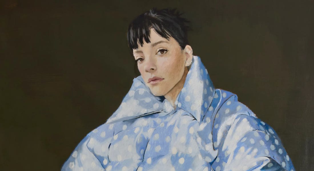 A painting of Lily Allen wearing a blue puffer jacket, with a brown painted background