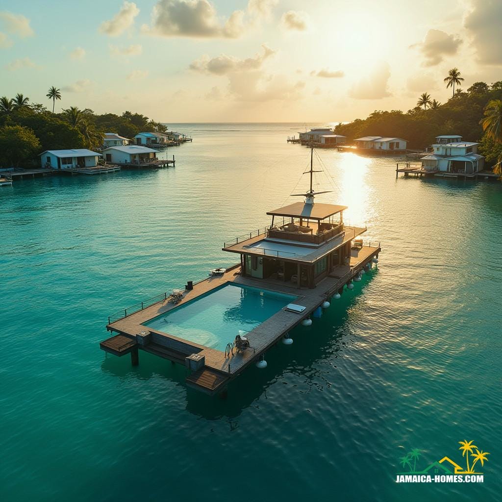 A majestic houseboat, with float houses docked alongside, bobs gently on the turquoise waters of Jamaica's coastline, its swimming pool glinting like a shard of crystal in the warm Caribbean light. The scene is captured in breathtaking cinematic detail, reminiscent of the works of Emmanuel Lubezki, Roger Deakins